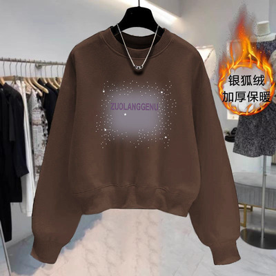 女士春秋冬华棉圆领外套印花加绒/不加绒小个子宽松大码短款卫衣