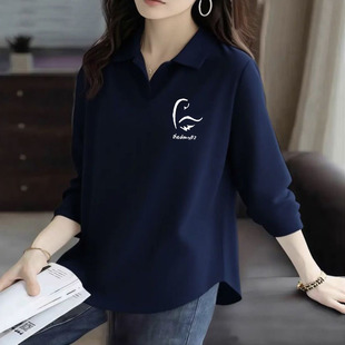简约翻领上衣洋气百搭POLO衫 弧形长袖 纯棉女士设计感2025春秋新款