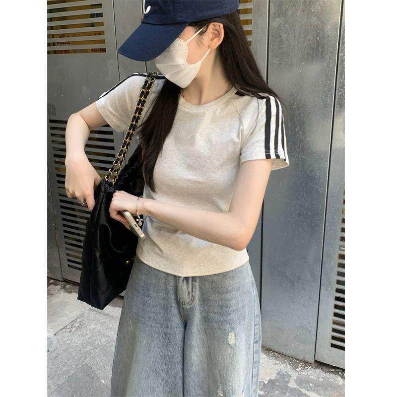 棉短袖纯色百搭T恤女条纹拼接202