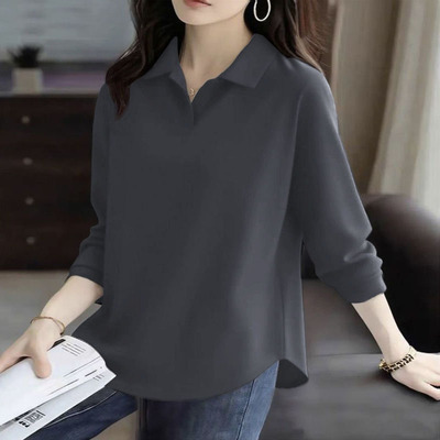 2025春秋冬百搭设计感新款纯棉翻领纯色长袖上衣不规则女士POLO衫