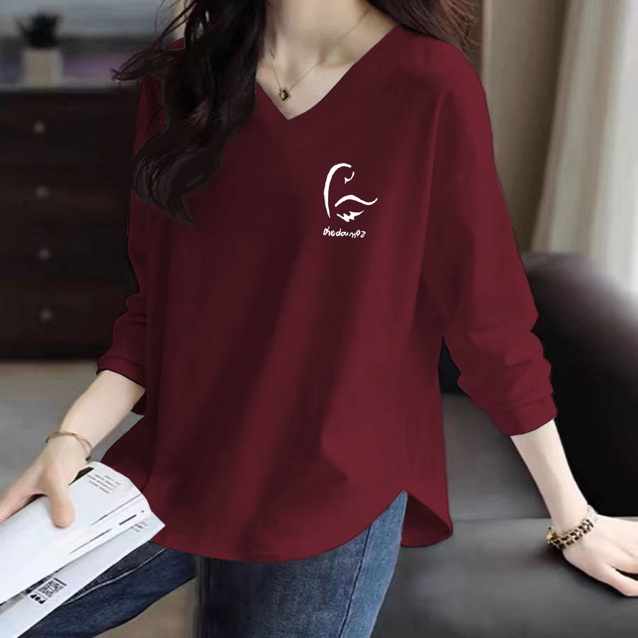 2025秋冬款洋气长袖打底T恤百搭insV领女款休闲100%纯棉上衣时尚