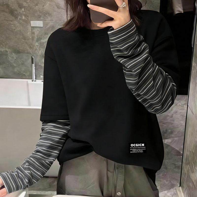复古条纹拼接假两件长袖T恤女宽