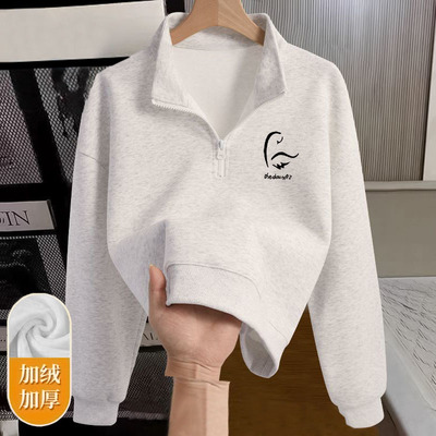 半拉链华棉宽松减龄长袖短款上衣女简约印花小众秋冬新款套头卫衣