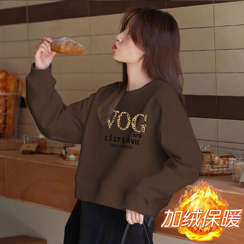 华棉短款外套女圆领卫衣简约印花长袖加绒/不加绒高腰小个子百搭