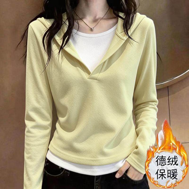 秋冬新款德绒保暖连帽T恤女士纯