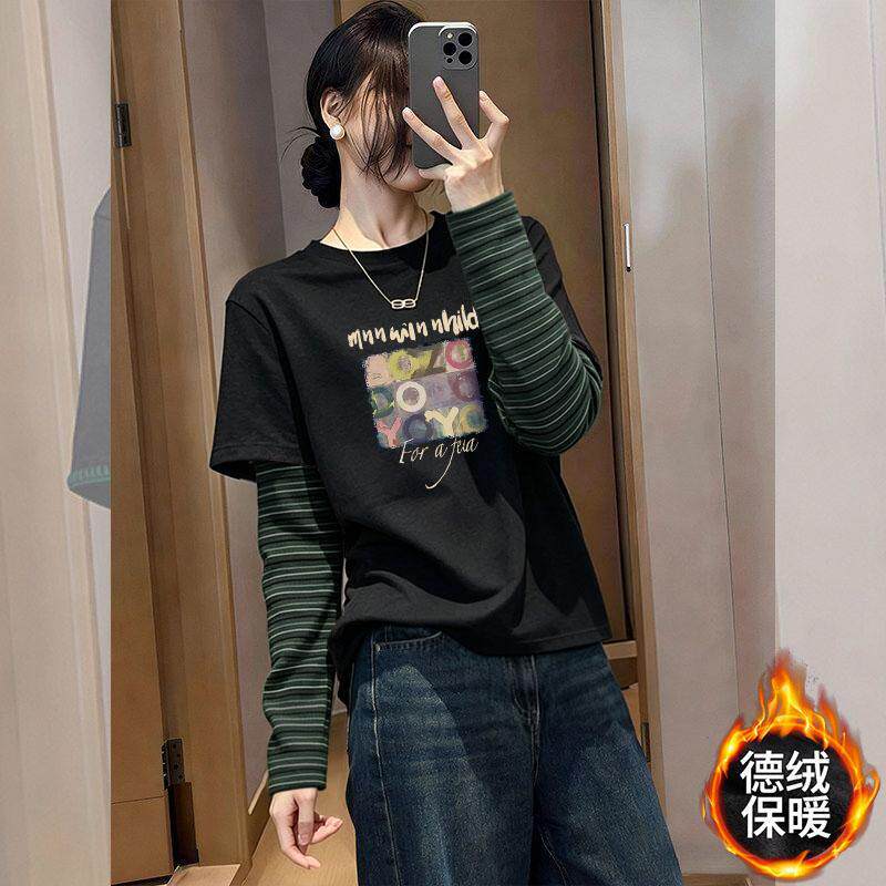 假两件撞色拼接圆领长袖t恤女装2