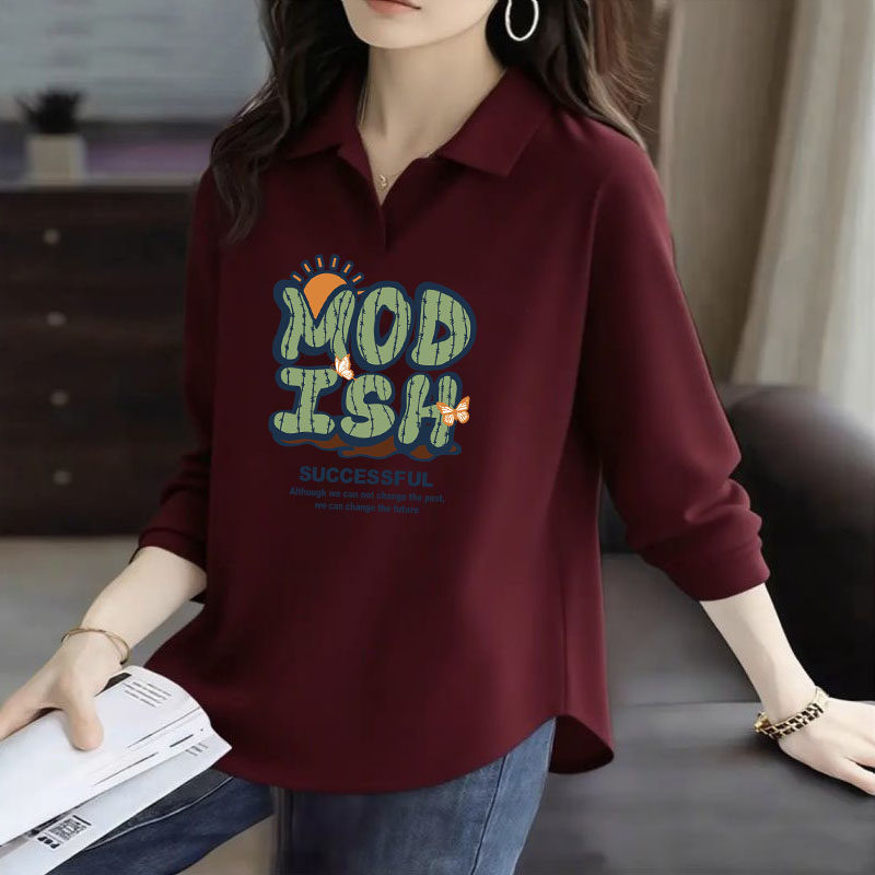 纯棉长袖简约T恤女士2025春秋新款洋气弧形下摆减龄POLO领打底衫