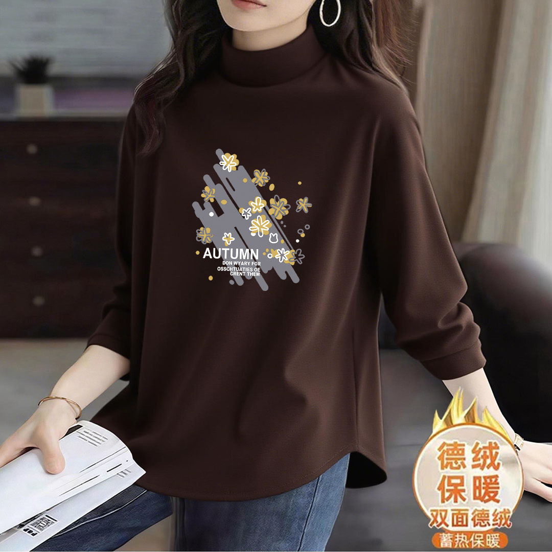 2025秋冬双面德绒保暖打底衫时尚弧形不规则下摆印花百搭体恤衫