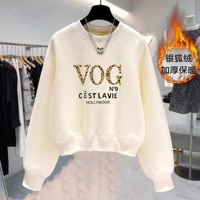 华棉简约印花小个子加绒加厚短款外套女遮肉显瘦休闲大码圆领卫衣