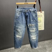 男秋季 新款 宽松直筒休闲哈伦长裤 潮牌高街蓝色牛仔裤 破洞补丁裤 子