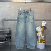 新款 美式 复古水洗破洞牛仔裤 2025春季 男宽松直筒阔腿休闲长裤 子潮