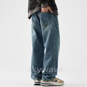 高级破洞直筒牛仔裤 宽松休闲长裤 男士 新款 美式 大码 夏季 复古阔腿裤