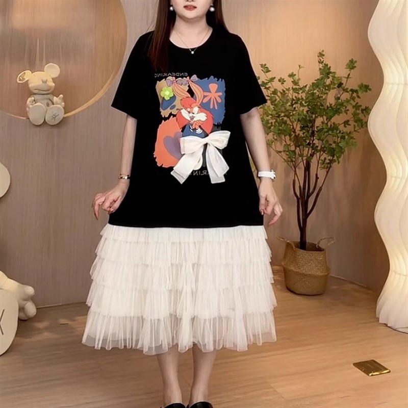 大码正肩拼接假两件连衣裙夏季胖mm2-300斤宽松遮肚藏肉网纱裙子