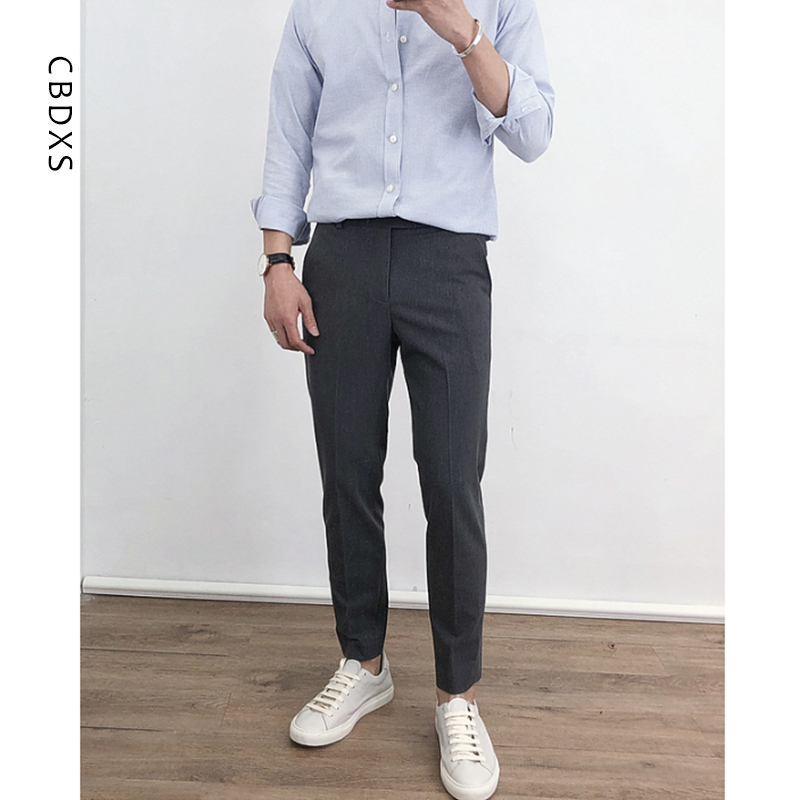 夏季小西裤男休闲裤灰色九分裤弹力修身小脚大码夏季商务正装长裤