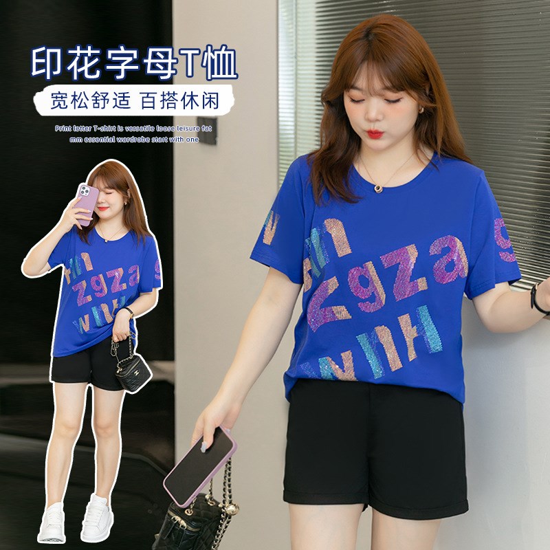 加大码女装夏季新款胖妈妈短袖t恤显瘦遮肉时尚百搭烫钻休闲上衣