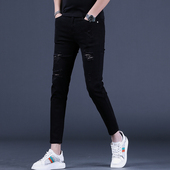 薄款 弹力9分裤 男士 男韩版 夏季 裤 破洞黑色九分牛仔裤 修身 休闲潮牌