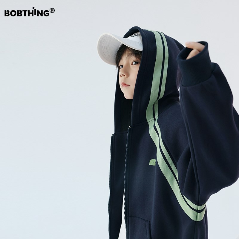 儿童绿织带拼接拉链开衫卫衣男童秋装新款针织外套连帽上衣童装潮