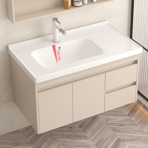 奶油风实木浴室柜大尺寸洗手洗脸盆柜组合卫生间洗漱陶瓷一体盆80