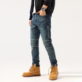 直筒弹力休闲长裤 美式 新款 潮牌修身 高端拉链拼接机车牛仔裤 男秋季