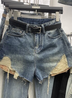 蓝色辣妹破洞牛仔短裤女2025春夏新款高腰显瘦减龄a字阔腿热裤