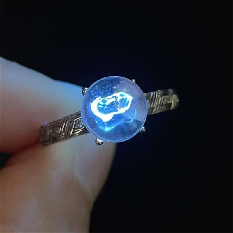 天然水晶全包裹荧光胆包异象圆珠裸石银镶嵌戒指环活口一物一图款