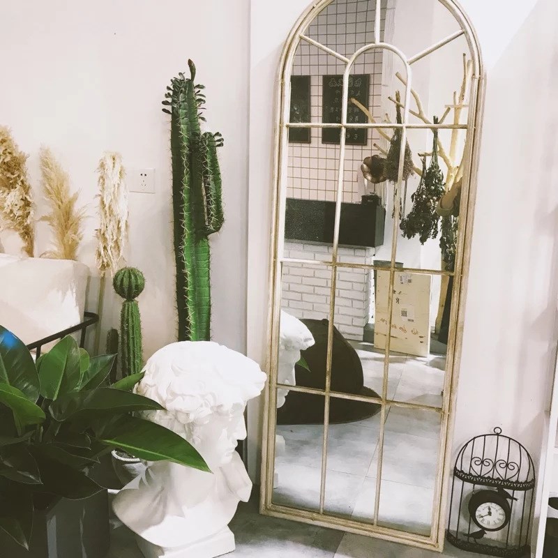 欧式铁艺假窗落地镜 金色复古轻奢全身镜 服装店墙面金属装饰镜子