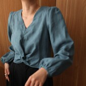 100%纯汉麻设计感长袖 短款 上衣 似曾 法式 慵懒V领显瘦女士衬衣