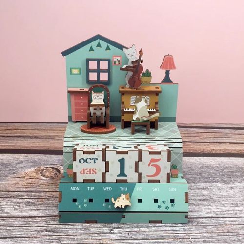 万年历猫的乐章木质翻转方块日历创意DIY创意家居模型摆件礼物女
