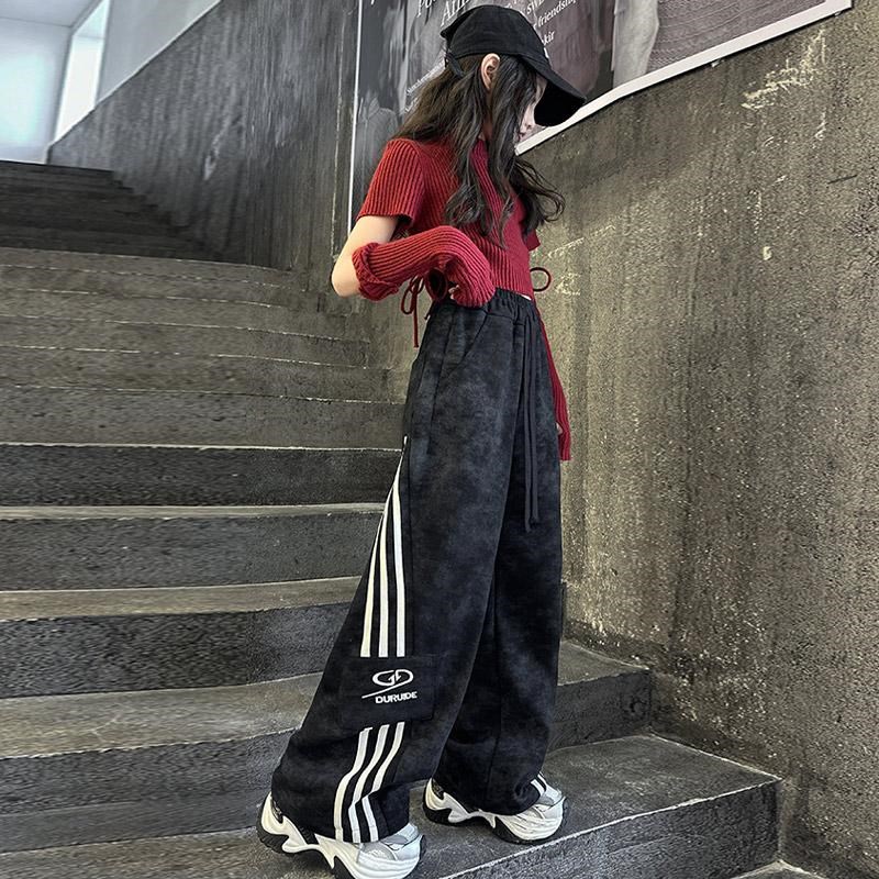 女童加绒裤子秋冬韩系潮牌酷飒炸街卫裤美式扎染运动裤拉条阔腿裤