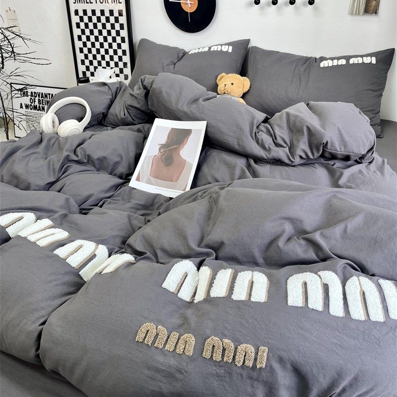 极简博主a风全棉毛巾绣四件套刺绣m字母被套软糯床单三件套床笠4