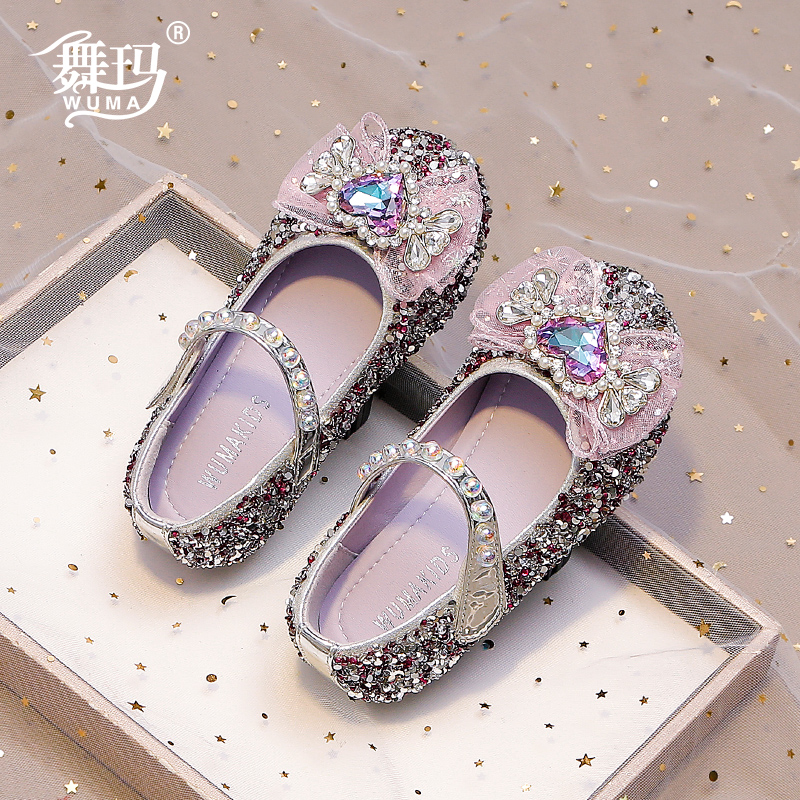 女童鞋子儿童公主水晶鞋2024新款秋款女孩秋季水钻走秀小高跟皮鞋