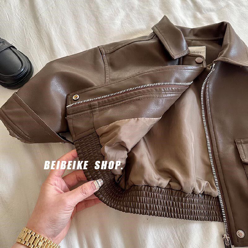 酷~男童帅气皮衣春秋款儿童复古PU皮外套女宝宝翻领夹克衫韩版潮