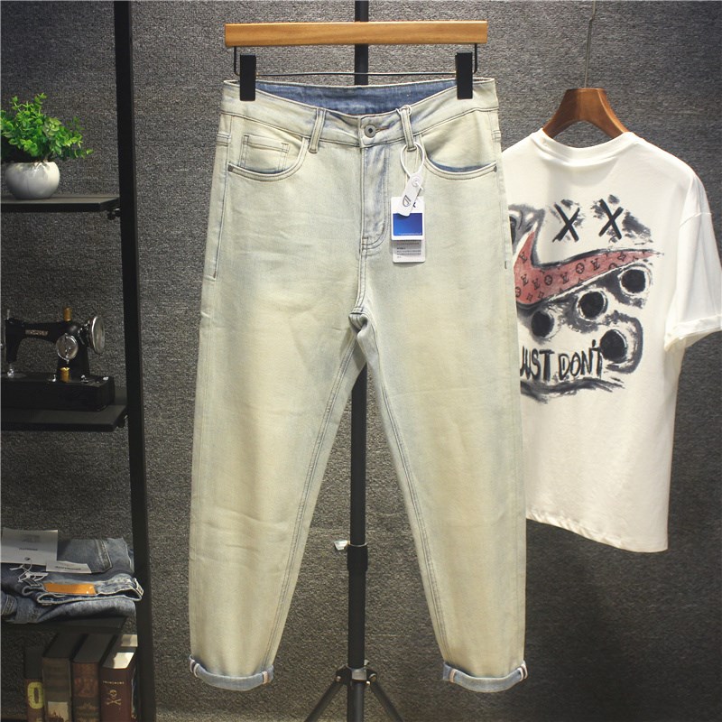 男士水泥黄牛仔裤春夏季新款潮牌修身小直筒裤弹力九分裤百搭男裤