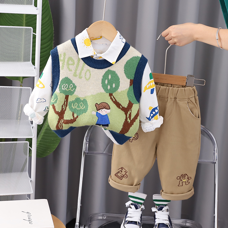 男童春秋套装2023新款宝宝秋装毛衣马甲三件套婴儿小童卫衣男孩潮