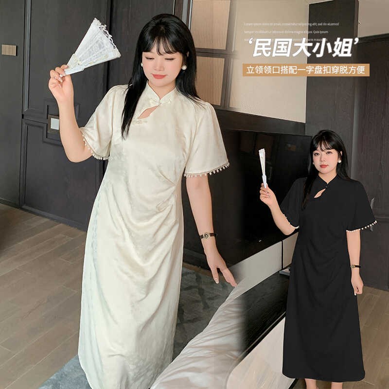 大码国风新中式提花肌理感旗袍裙2024夏季新款镂空珍珠花边连衣裙