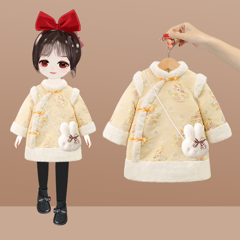 女童旗袍裙冬装拜年服公主宝宝周岁礼服小童冬季中国风汉服儿童套