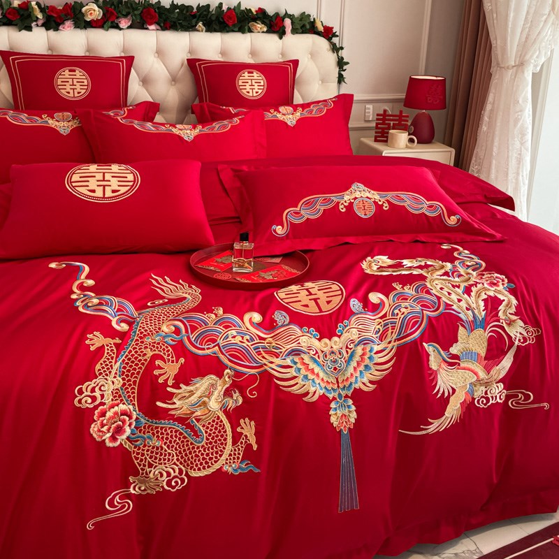 新中式龙凤刺绣160支婚庆四件套大红色喜被纯棉床单结婚床上用品4