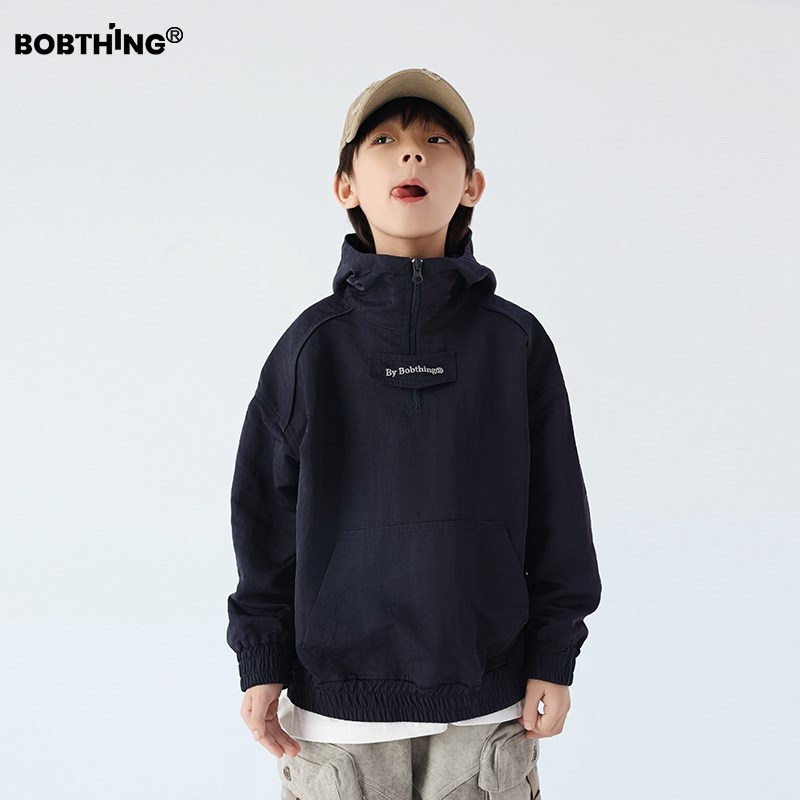 男童秋装个性logo套头冲锋衣2024新款儿童半拉链连帽外套潮牌童装
