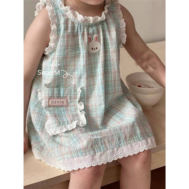 女童夏季新款韩版卡通小兔气质背心裙小清新蕾丝花边公主连衣裙潮