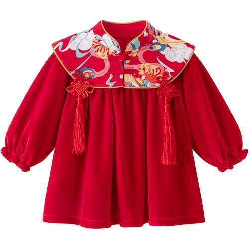 女宝宝红色甜美连衣裙婴儿童保暖哈衣秋冬季公主新年裙子周岁礼服