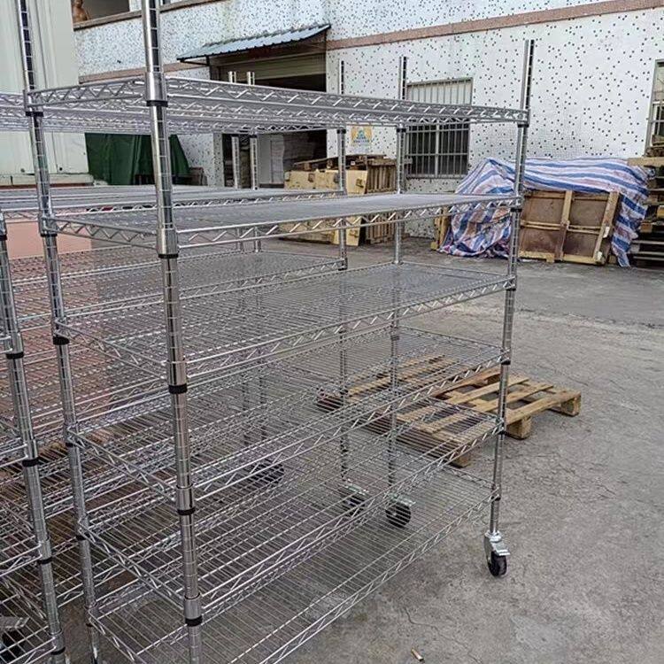 镂空货架仓库线网镀铬带轮子移动家用置物架金属防静电物料架子