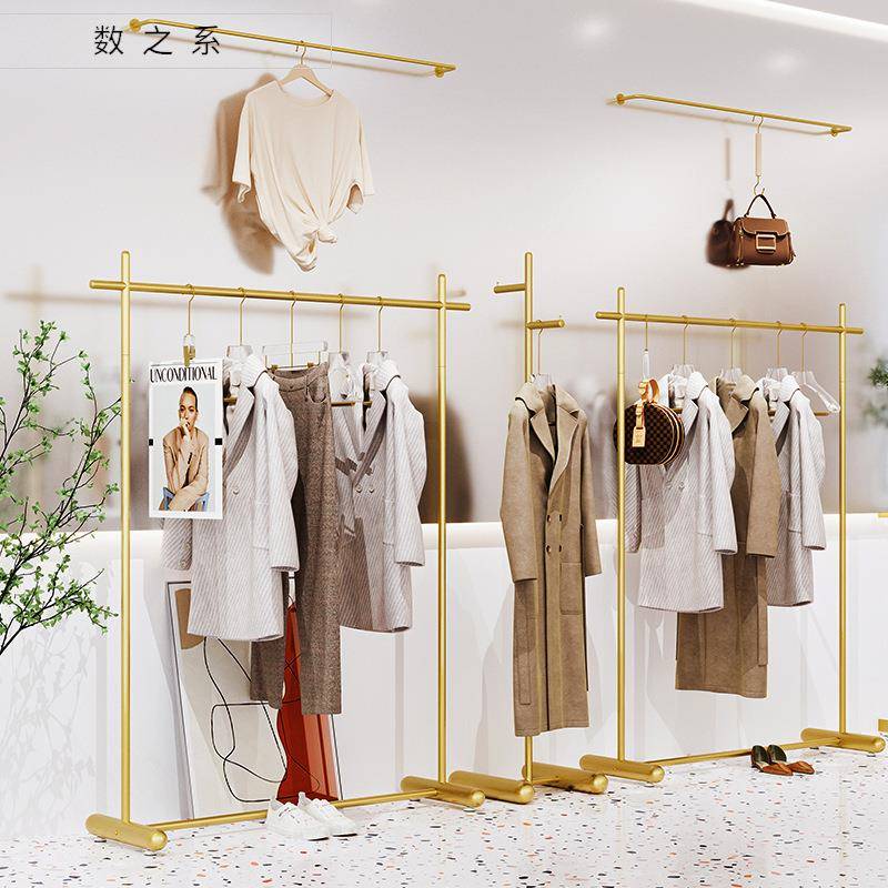 服装店陈列架女装货架落地陈列道具侧挂铁艺黄色展示架韩风挂衣架