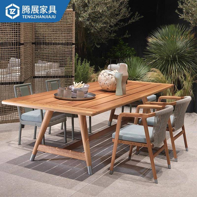 别墅户外桌椅庭院柚木大长桌民宿院子室外露台防腐木藤编桌椅组合