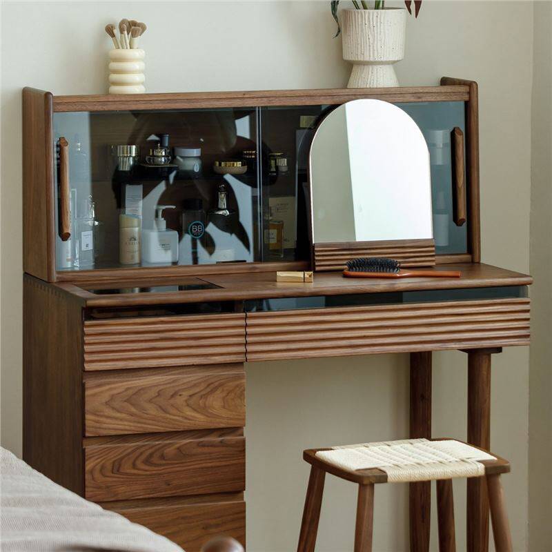 北欧简约全实木化妆桌日式黑胡桃木卧室家用斗柜梳妆台一体多功能