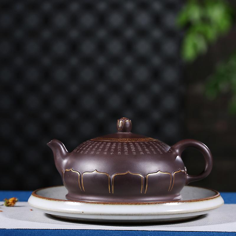 宜兴紫砂壶手工制作新品大容量茶壶紫泥描金佛莲新款之巅之作