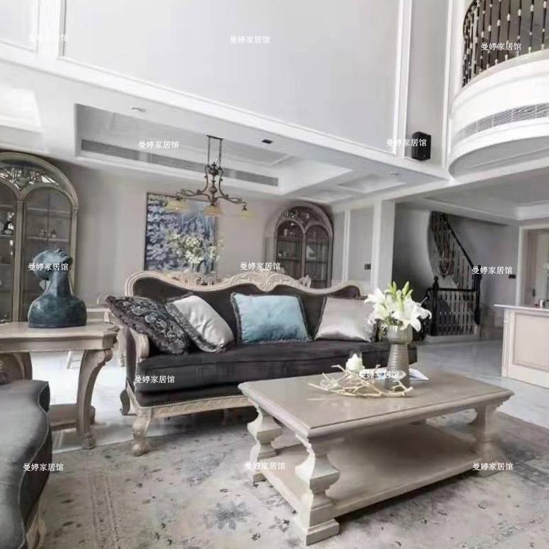 0J美式法式art实木雕花沙发实木沙发复兴印记仿古做旧三人沙发组