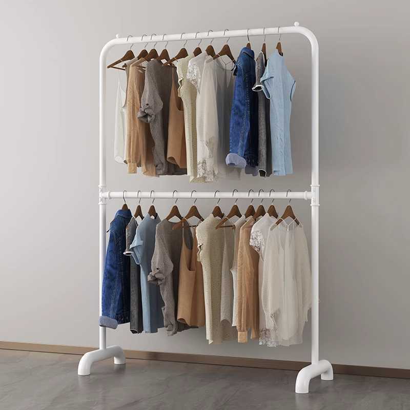 晾衣架双层落地单杠折叠家用简单小型衣架省空间三层儿童衣服挂新