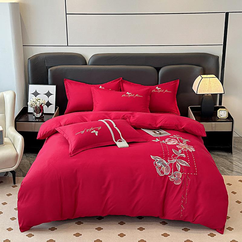 国潮风A类亲肤水洗棉刺绣四件套床裙被套床上用品