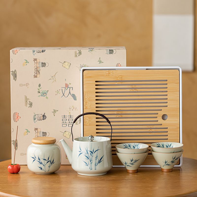 草木灰手绘竹子釉下彩大茶壶茶具套装家用客厅陶瓷茶盘茶具