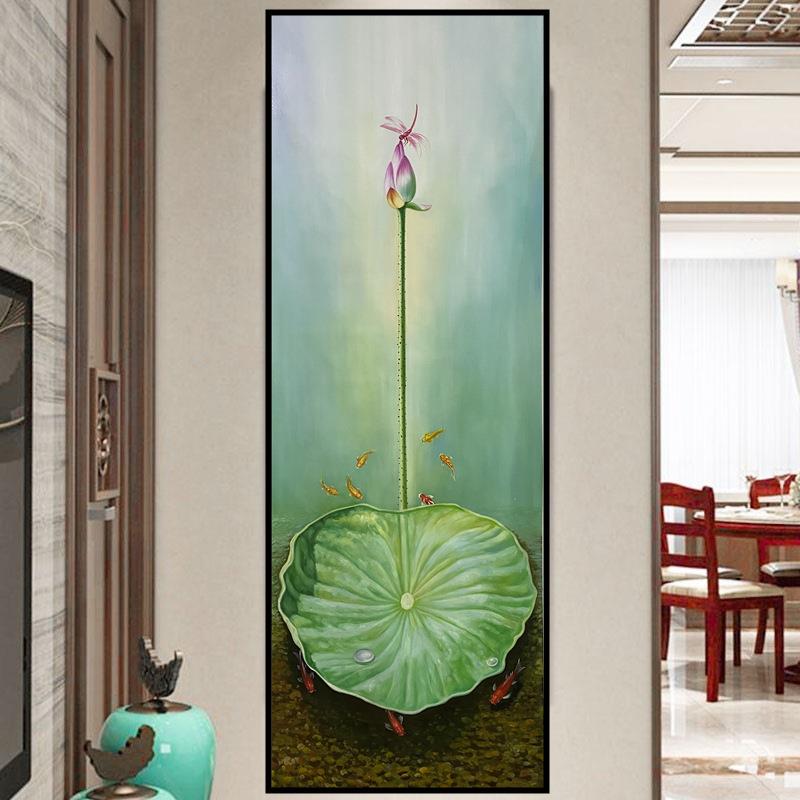 纯手绘油画轻奢玄关装饰画荷花新中式挂画走廊过道尽头简约竖版画